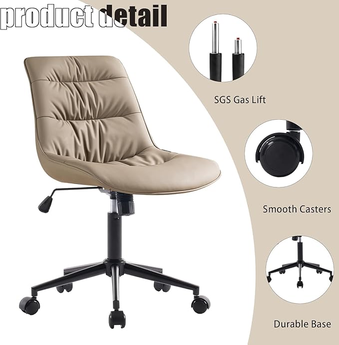 Rowill Leather Office Chair, Ergonomic Armless Desk Chair with Waterproof Cushion & Slient Wheels & SGS-Certified Class 3 Explosion-Proof Gas Lift, Ideal for Home Office, Study and Vanity(Khaki)