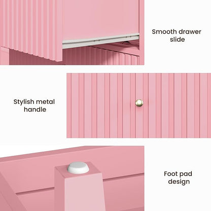 RoyalCraft Fluted 32 inch Wide Nightstand Set of 2, Large Pink Nightstand with 3 Drawer, Modern End Table, Wood Beside Table for Home and Office