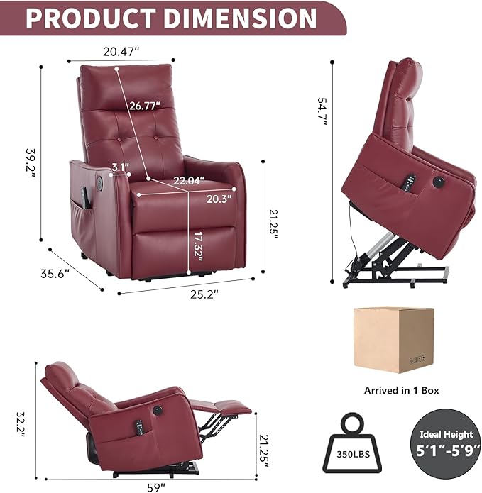 PELUMY Manual Lift Recliner Chair with Massage and Heat for Elderly, Single Motor Electric Lift Chair, Heavy Duty Recliner with USB Charging & Side Pockets (Breathable Leather, Red)