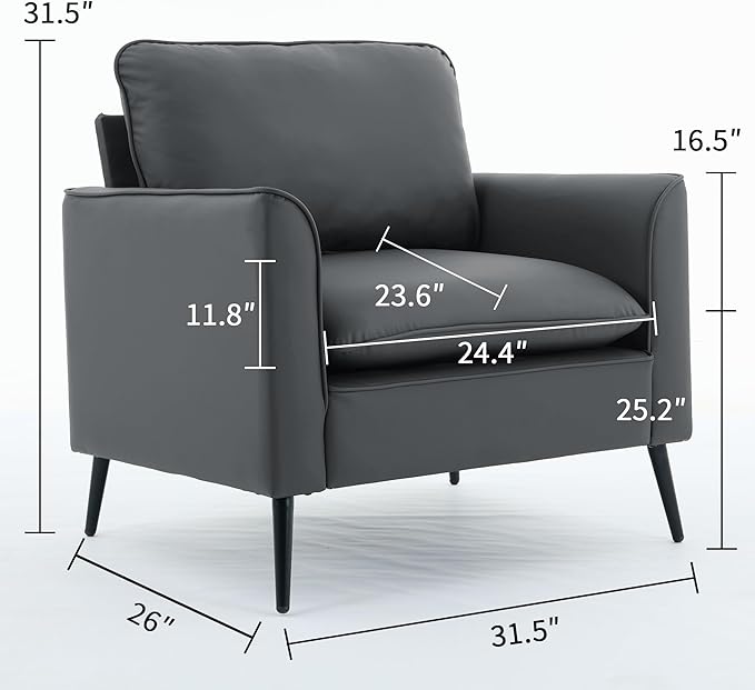 YISHENG Mid-Century Modern Living Room Accent Chairs Set of 2 - Oversized Faux Leather Armchairs with Removable Cushions & Metal Legs, Comfortable Sofas for Office/Lounge/Bedroom/Reception,Gray