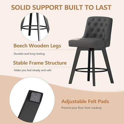 MINCETA Bar Stools Set of 4, PU Leather Barstools, 26 Inch Upholstered Counter Stools with Low Tufted Back and Footrest, Swivel Counter Height Barstools for Kitchen Island Home Bar Dark Gray