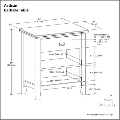 SIMPLIHOME Artisan Bedside Table - 24 inch Wide Solid Wood Nightstand Table in Autumn Brown, Transitional Bedside Stand for Bedroom with Drawer and Open Shelf for Storage