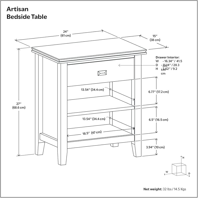 SIMPLIHOME Artisan Bedside Table - 24 inch Wide Solid Wood Nightstand Table in Autumn Brown, Transitional Bedside Stand for Bedroom with Drawer and Open Shelf for Storage