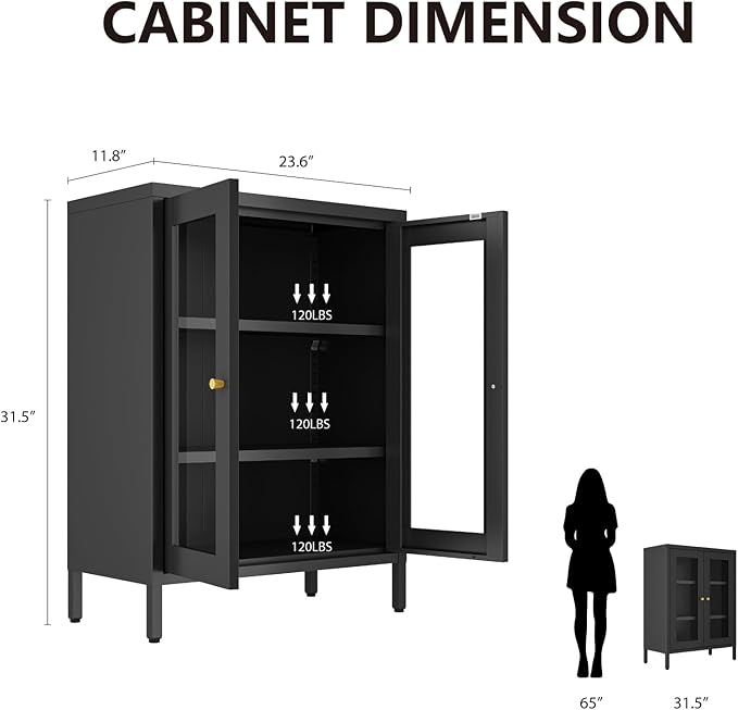 Metal Bathroom Cabinet, Small Floor Storage Cabinet, Freestanding Sideboard with 2 Adjustable Shelves for Living Room, Dinging Room (Black, 31.5" H-2 Doors)