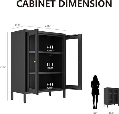 Metal Bathroom Cabinet, Small Floor Storage Cabinet, Freestanding Sideboard with 2 Adjustable Shelves for Living Room, Dinging Room (Black, 31.5" H-2 Doors)