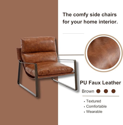 HEAH-YO Modern Accent Chair Set of 1, Upholstered PU Faux Leather Living Room Chair with Bronze Metal Legs, Comfy Arm Side Chair for Bedroom, Brown