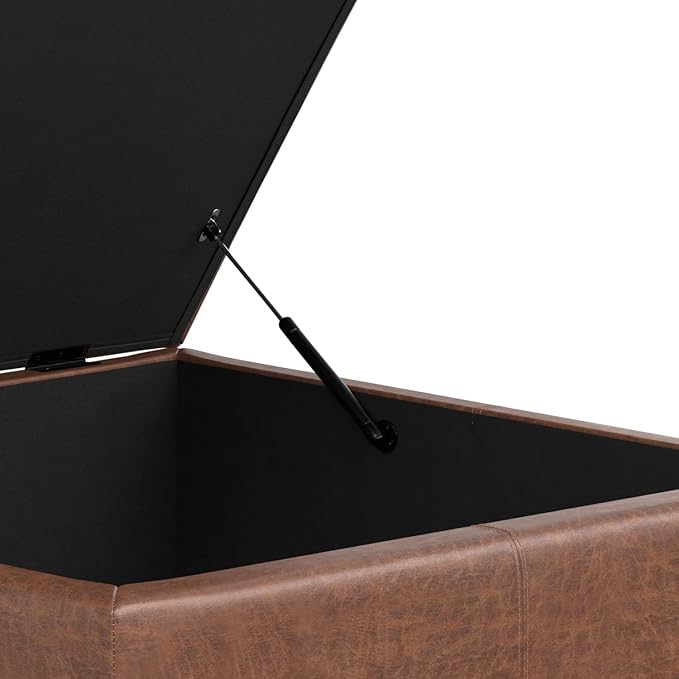 SIMPLIHOME Gabbie 36 inch Wide Contemporary Square Square Coffee Table Storage Ottoman in Distressed Saddle Brown Vegan Faux Leather, Assembled, for The Living Room, Entryway and Family Room