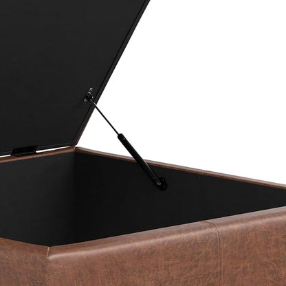 SIMPLIHOME Gabbie 36 inch Wide Contemporary Square Square Coffee Table Storage Ottoman in Distressed Saddle Brown Vegan Faux Leather, Assembled, for The Living Room, Entryway and Family Room