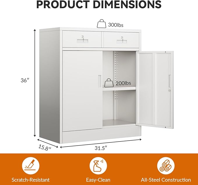 BESFUR 36" H Metal Storage Cabinet with 2 Lockable Drawers and 2 Lockable Doors, White Locking Cabinet with Adjustable Shelf, Metal Cabinet for Home Office, Garage,School, Warehouse, Utility Room