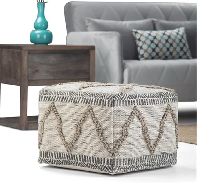 SIMPLIHOME Sweeney Boho Square Pouf in Grey, Natural Handloom Woven Pattern for the Living Room, Bedroom and Kids Room