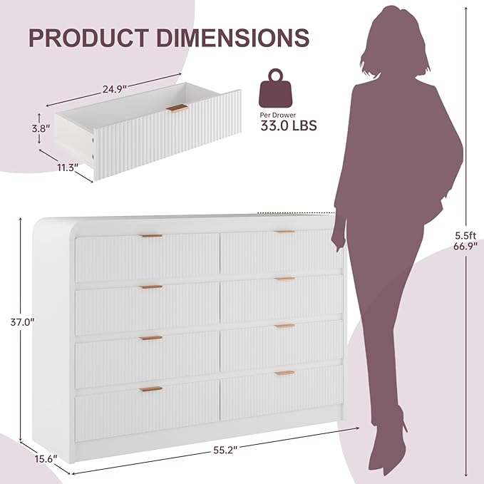 FURSUN Fluted 8 Drawers Dresser for Bedroom, 55" Wide Wooden Dresser with Metal Handle, Curved Profile Design, Modern Storage Organizer for Bedroom, Hallway (White)