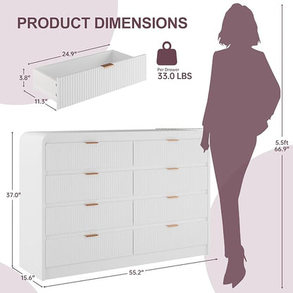 FURSUN Fluted 8 Drawers Dresser for Bedroom, 55" Wide Wooden Dresser with Metal Handle, Curved Profile Design, Modern Storage Organizer for Bedroom, Hallway (White)