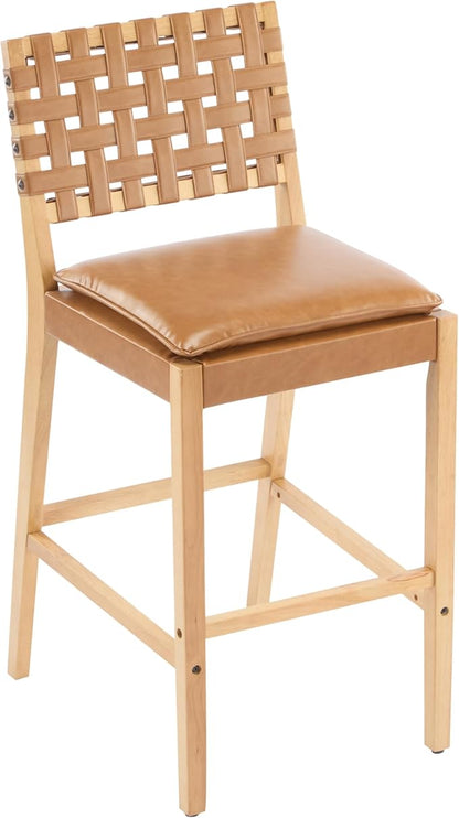 Christopher Knight Home Caitlyn lndoor Barstool Set of 2, Counter Height Stool with Footrest/Backrest for Bar Table, Natural Rubberwood Frame with Faux Leather Upholstery Counter Stool, Brown+Natural