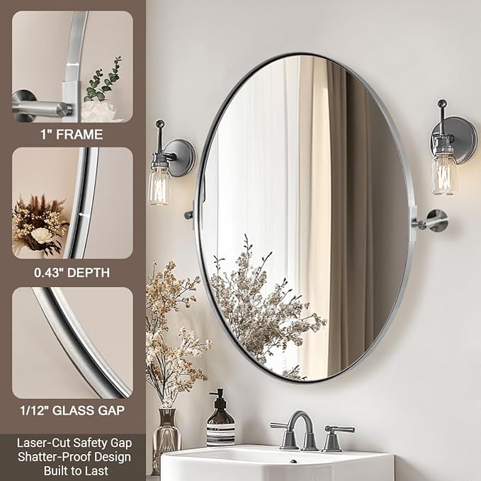 ANDY STAR Brushed Nickel Bathroom Mirror, 20 x 30 Inch Oval Pivot Mirror for Wall, Unique Farmhouse Tilt Mirror in Slim Silver Stainless Steel Metal Frame for Bedroom, Powder Room