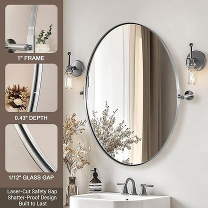 ANDY STAR Brushed Nickel Bathroom Mirror, 20 x 30 Inch Oval Pivot Mirror for Wall, Unique Farmhouse Tilt Mirror in Slim Silver Stainless Steel Metal Frame for Bedroom, Powder Room