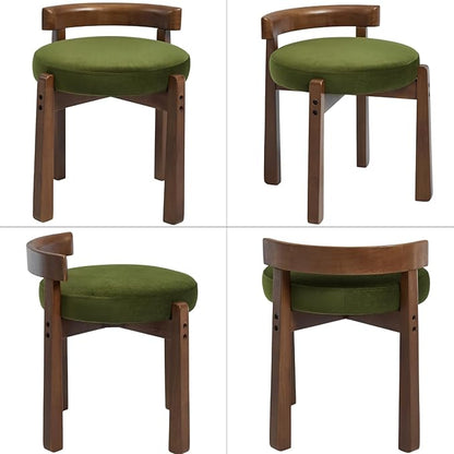 Modern Vanity Chair Upholstered Small Ottoman Footstool, Make Up Stool Velvet Fabric with Backrest Wooden Frame for Living Room Bedrooms, 2PCS, Green