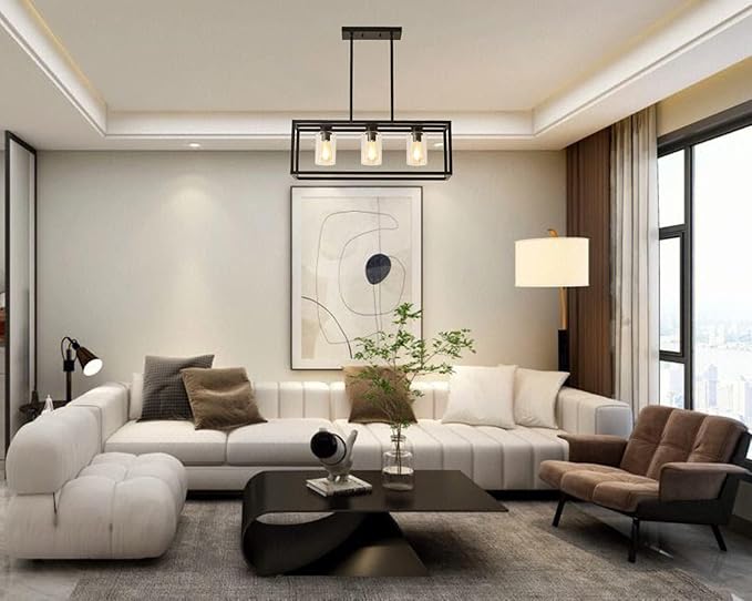 Farmhouse Dining Room Light Fixture Kitchen Island Pendant Lighting Rectangle Black Dining Room Lighting Fixture Modern Pendant Contemporary Chandeliers with Glass Shade Adjustable