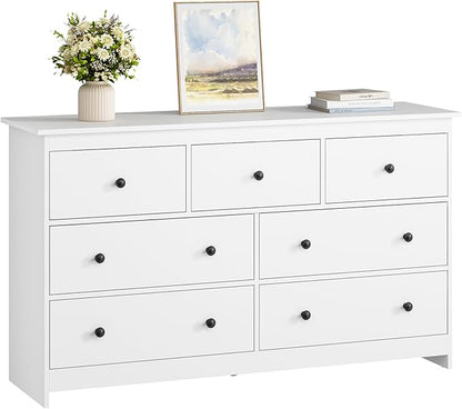 White Dresser for Bedroom, 7 Drawer Dresser with Metal Handles, 55 Inch Wide Wood Chest for Living Room, Hallway