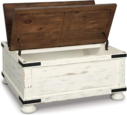 Signature Design by Ashley Wystfield Farmhouse Square Storage Coffee Table with Hinged Lift Top, Distressed White