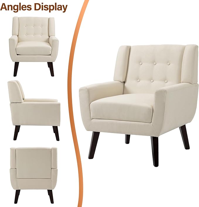 Accent Chair, Modern Fabric Armchair for Living Room, Comfy Upholstered Arm Chair Tufted for Indoor Bedroom Office Room (White)
