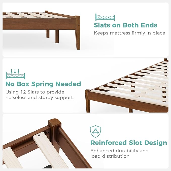 King Bed Frame and Headboard, Mid Century Platform Bed Frame, Malaysian Oak King Bedframe with Adjustable Support Legs, No Box Spring Needed, Easy Assembly, Antique Espresso