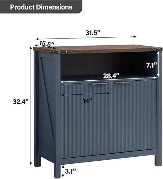 Buffet Cabinet with Storage - Modern Farmhouse Rustic 32 Fluted Sideboard Storage Cabinet Buffet with Adjustable Shelves, Coffee Wine Bar Organizer for Dining Room (Navy Blue)