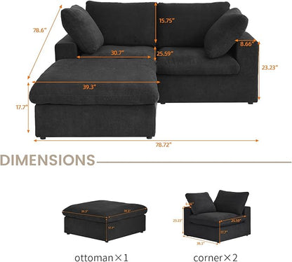 Cloud Couch Modular Sectional Sofa with Storage Ottoman,L Shaped Couch for Living Room,80.3" inch Down Filled 3 Seater Convertible Sectional Sofas for Office Apartment (Black)