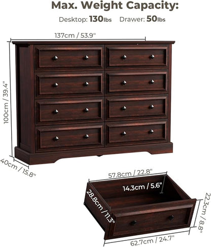 Farmhouse 8 Drawer Dresser for Bedroom, 54" Wide Wood Dresser with Natural Texture, Vintage Metal Double Hand Knobs, Rustic Chest of Drawers for Bedroom, Living Room, Hallway, Cherry