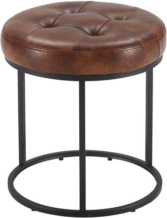 DUHOME Faux Leather Ottoman Stool, Vanity Chair Button Tufted Footrest Stool Makeup Stool with Metal Base for Living Room Bedroom, Yellowish Brown