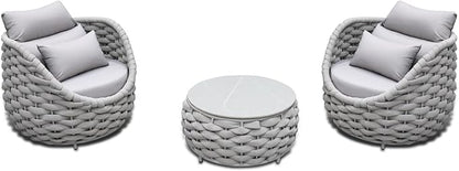 Front Porch Furniture Set: 3 Pieces Aluminum Patio Conversation Sofa Set for 2 - All Weather Woven Rope Outdoor Armchair Set w/Cushions No Assembly for Bistro Pool Yard Balcony Deck Hotel, Gray