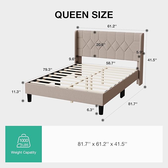 Novilla Queen Size Bed Frame, Queen Bed Frame with Headboard, Linen Upholstered Pull-Point Wing Side Headboard, No Box Spring Needed, Heavy Duty Feet, Easy Assembly, Beige