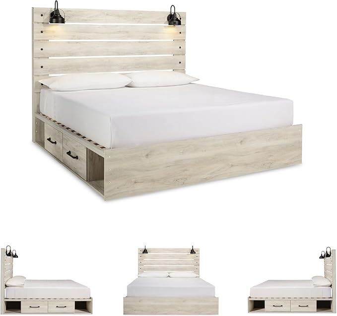 Signature Design by Ashley Cambeck Farmhouse King Panel Platform Bed with 2 Storage Drawers, Cubbies, Sconce Lights and USB Ports, Foundation or Box Spring Not Needed, Whitewash