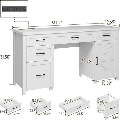 Vabches Farmhouse 61'' Executive Desk with 5 Drawers, Rustic Office Desk Computer Desk with Charging Station, File Drawers and Storage Cabinet, Wood Workstation for Study and Home Office,(Cream White
