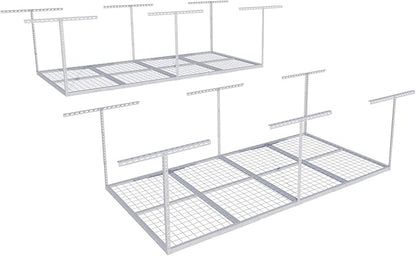 FLEXIMOUNTS 4x8 Overhead Garage Storage Rack, Adjustable Organization System, Heavy-Duty Metal Ceiling Racks, 2 pack, White, Classic Series