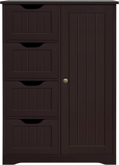Yaheetech Wooden Bathroom Floor Cabinet, Side Storage Organizer Cabinet with 4 Drawers and 1 Cupboard, Freestanding Entryway Storage Unit Console Table, Home Decor Furniture, Brown