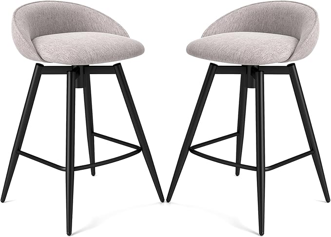 COSTWAY Bar Stools Set of 2, 25" Upholstered Counter Height 360° Swivel Bar Stools w/Backrest & Footrest, Heavy-Duty Metal Frame Armless Breakfast Chairs for Kitchen, Living Room (Set of 2,Grey)