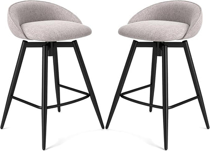 COSTWAY Bar Stools Set of 2, 25" Upholstered Counter Height 360° Swivel Bar Stools w/Backrest & Footrest, Heavy-Duty Metal Frame Armless Breakfast Chairs for Kitchen, Living Room (Set of 2,Grey)