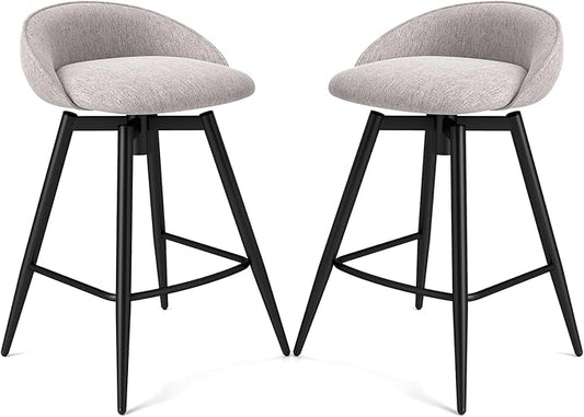 COSTWAY Bar Stools Set of 2, 25" Upholstered Counter Height 360° Swivel Bar Stools w/Backrest & Footrest, Heavy-Duty Metal Frame Armless Breakfast Chairs for Kitchen, Living Room (Set of 2,Grey)
