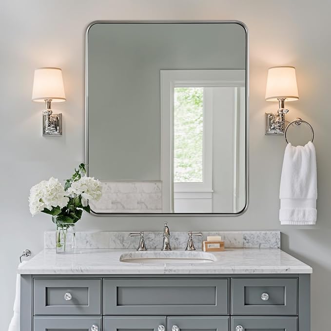 ANDY STAR Wall Mirror for Bathroom, 30x36 Inch Brushed Nickel Bathroom Rectangle Mirror, Modern Rectangular with Thick Tube Metal Frame for Vanity Over Sink, Horizontal/Vertical
