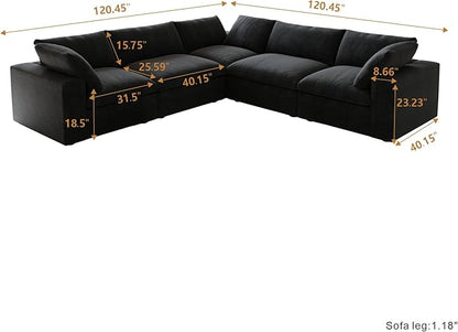 WJShome Cloud Couch Modular Sectional Sofa,160.6" Down Filled 5 Seater Convertible Sectional Sofas,V Shaped Couch for Living Room,Covers Washable&Replaceable (Black)