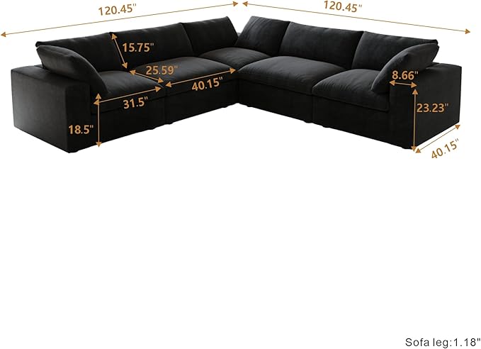 Cloud Modular Sectional Sofa for Livingroom,Large Down Filled Comfort Corner Sectional Sofa Couch Wide Deep Seat Convertible Couches for Office Apartment,V Shaped,Black