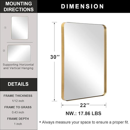 Andy Star Gold Bathroom Mirror,22x30'' Brushed Brass Metal Frame Rounded Corner Wall Mirror,Rectangle Wall Mounted Mirror Glass Panel Hangs Horizontal or Vertical for Bathroom,Vanity,Washroom