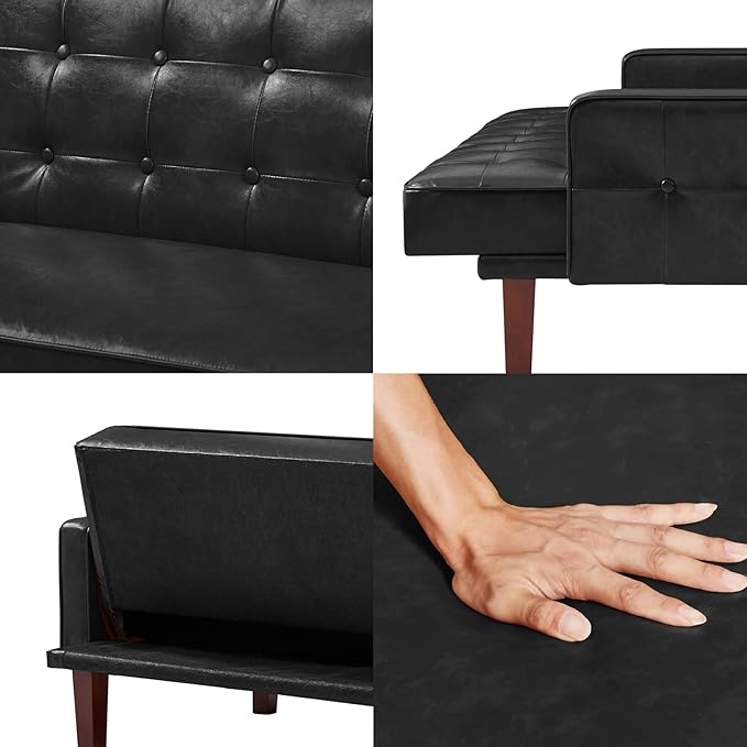 74" Loveseat Sofa with Vintage Button Tufting, Faux Leather Convertible Sleeper Futon Sofa Bed with Spring Cushion and Wood Legs for Apartments, Offices, Reception Areas, Living Rooms, Black