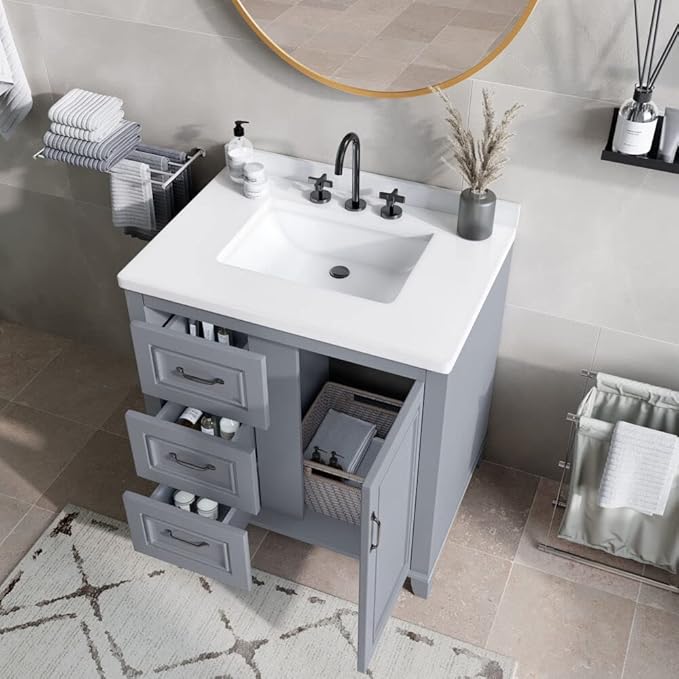 Hanover Ambridge 31'' Vanity Cabinet with Sink Combo for Bathroom, Powder Room | Pre-Assembled Cabinet | 1 Door, 3 Drawers | Artificial Stone Countertop, Gray Cabinet | HANVN0104-31-0GR