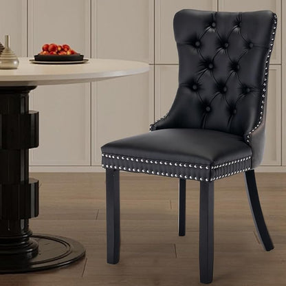 Leather Upholstered Dining Chairs Set of 2, Modern Style Kitchen Side Chairs with Nailhead Trim and Wood Leg, Metal Pulling Ring for Dining Room Living Room(Black&Grey,Set of 2)