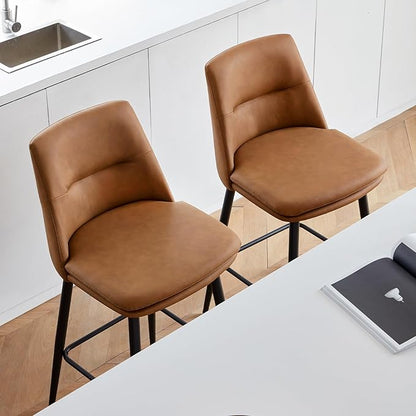 Brown Counter Height Bar Stools Set of 2, 26 Inch Seat Height with Back and Metal Legs, 360° Swivel Upholstered Faux Leather Swivel Bar Stools