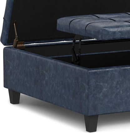 SIMPLIHOME Harrison 40 inch Wide Transitional Square Large Coffee Table Storage Ottoman in Denim Blue Vegan Faux Leather, Assembled, for The Living Room and Bedroom