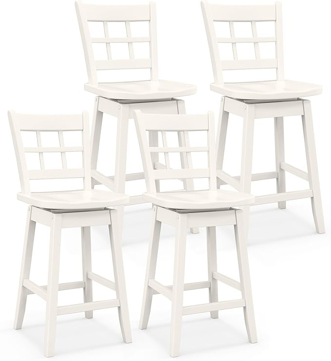 COSTWAY Swivel Bar Stools Set of 4, 24.5 Inch Counter Height Bar Chairs w/Hollow Backrest & Contoured Seat, Wooden Barstools w/Footrest for Kitchen Island, Pub, Bistro, Cafe (4, White)