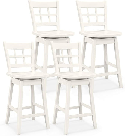 COSTWAY Swivel Bar Stools Set of 4, 24.5 Inch Counter Height Bar Chairs w/Hollow Backrest & Contoured Seat, Wooden Barstools w/Footrest for Kitchen Island, Pub, Bistro, Cafe (4, White)