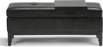 SIMPLIHOME Oregon 42 inch Wide Contemporary Rectangle Storage Ottoman Bench with Tray in Midnight Black Vegan Faux Leather, Assembled, For the Living Room, Entryway and Family Room